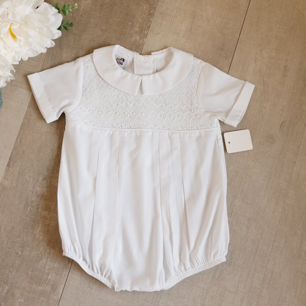 White Heirloom Smocked Romper Bubble Embroidery Traditional Bailey Boys NWOT